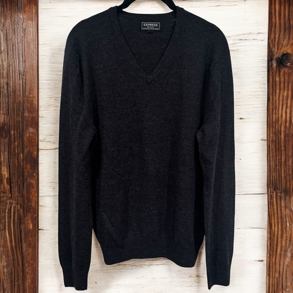 Express Dark Charcoal Extra Fine Merino Wool V-Neck Long Sleeve Men's Size M - Picture 1 of 6